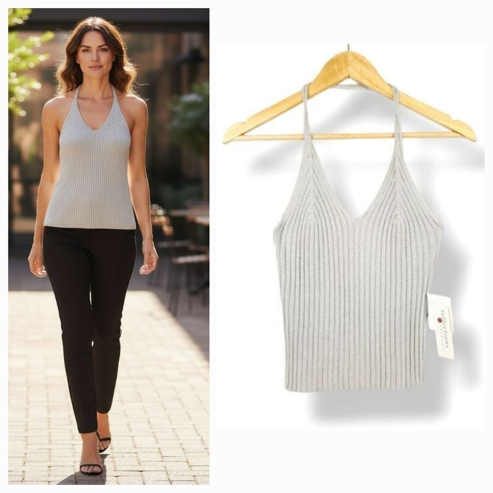 NEW Vintage 90's Spiegel Silver Metallic Rib Knit Crisscross Tank Size Small